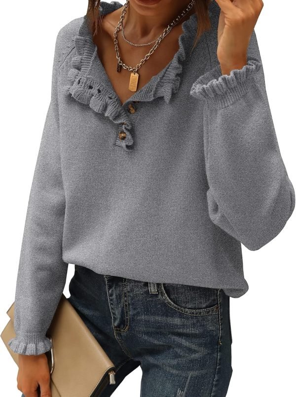 91aGolFlkbL._AC_SL1500 Women's Sweaters Casual Long Sleeve Button Down Crew Neck Ruffle Knit Pullover Sweater Tops Solid Color Striped