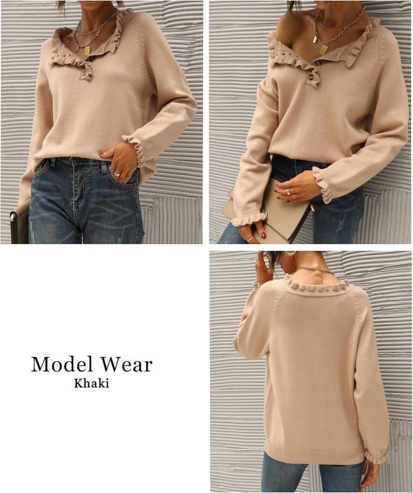 91gX7WcYB9L._AC_SL1500 Women's Sweaters Casual Long Sleeve Button Down Crew Neck Ruffle Knit Pullover Sweater Tops Solid Color Striped