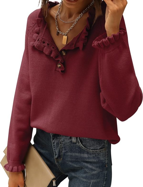 91kMNZRagYL._AC_SL1500 Women's Sweaters Casual Long Sleeve Button Down Crew Neck Ruffle Knit Pullover Sweater Tops Solid Color Striped