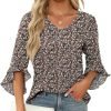 Chiffon Blouses for Women Ruffle 3/4 Sleeve Dressy V Neck Casual Flowy Tunic Tops