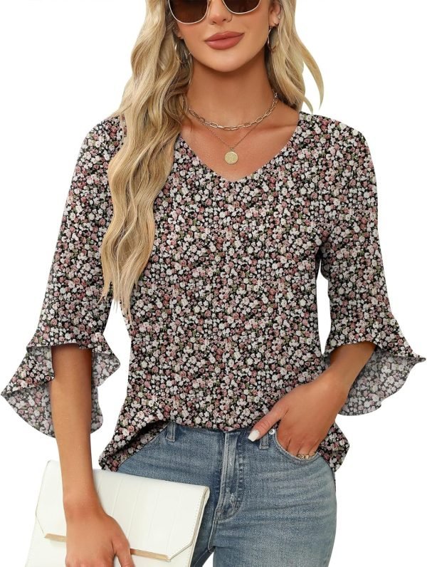 Chiffon Blouses for Women Ruffle 3/4 Sleeve Dressy V Neck Casual Flowy Tunic Tops