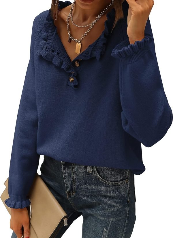 91rJb12O-RL._AC_SL1500 Women's Sweaters Casual Long Sleeve Button Down Crew Neck Ruffle Knit Pullover Sweater Tops Solid Color Striped