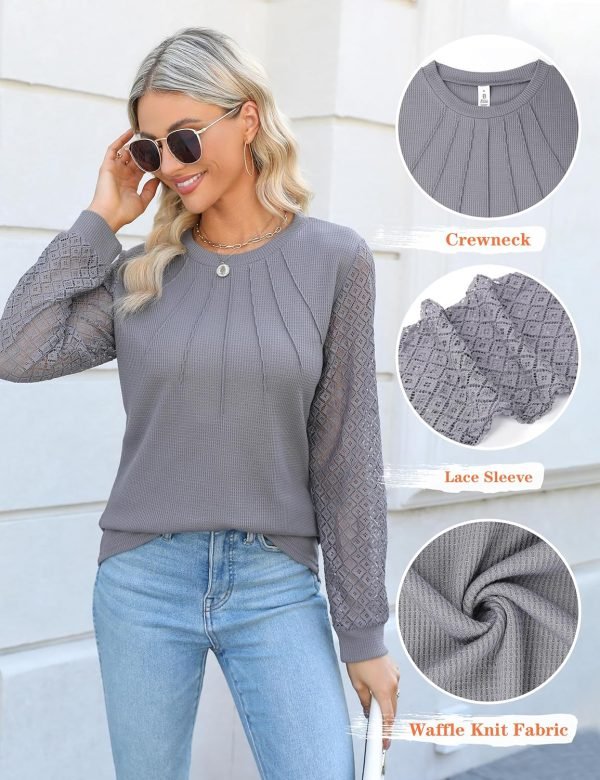 91swrIwO3iL._AC_SL1500 Women's Waffle Knit Tops Dressy Business Casual Blouses Lace Long Sleeve Work Shirts Fall Clothes