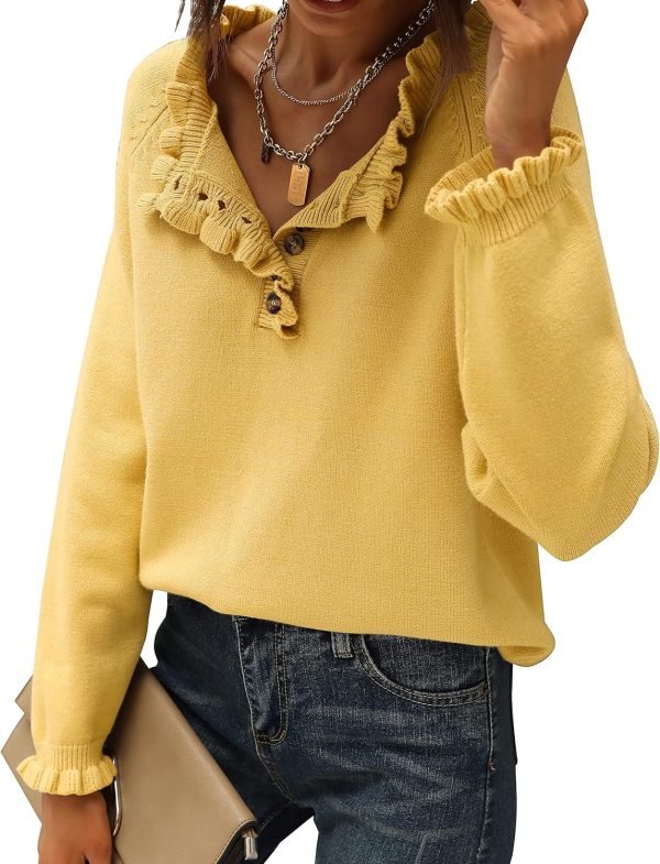 91vUZV-F0GL._AC_SL1500 Women's Sweaters Casual Long Sleeve Button Down Crew Neck Ruffle Knit Pullover Sweater Tops Solid Color Striped