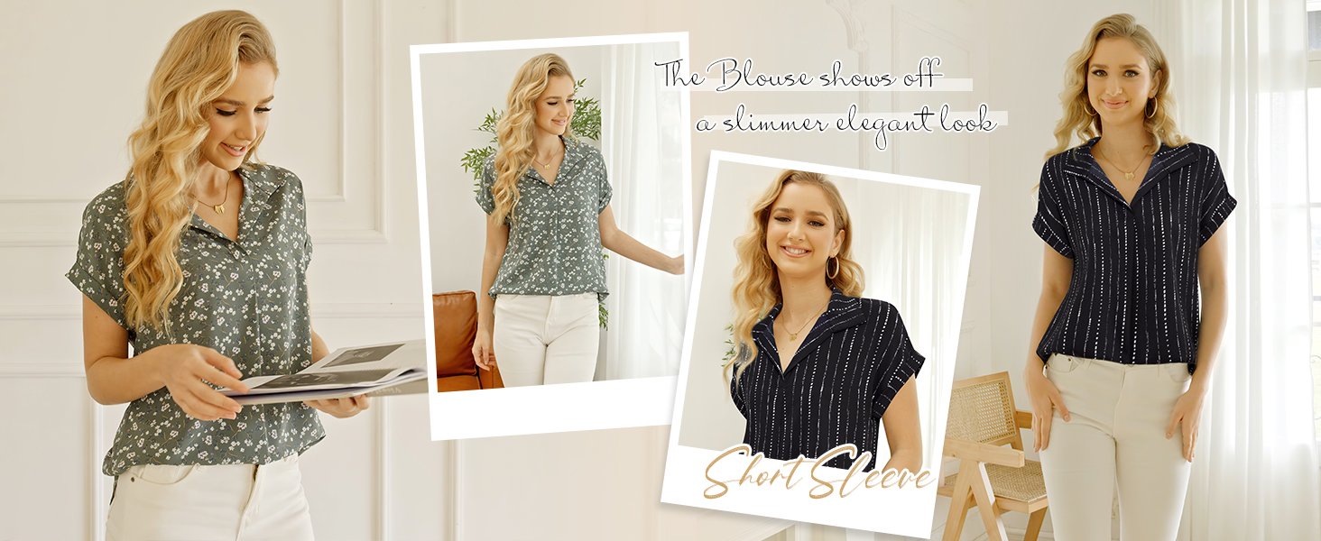Timeson Women's Short Sleeve Chiffon Blouses for Office Work Business Attire Collared Shirts