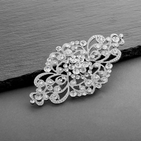 Vintage Bridal Crystal Brooch Pin, 4" Wide, Antique Silver Wedding Pin, Rhinestone Brooch for Brides and Wedding, Art Deco Fashion Accessory
