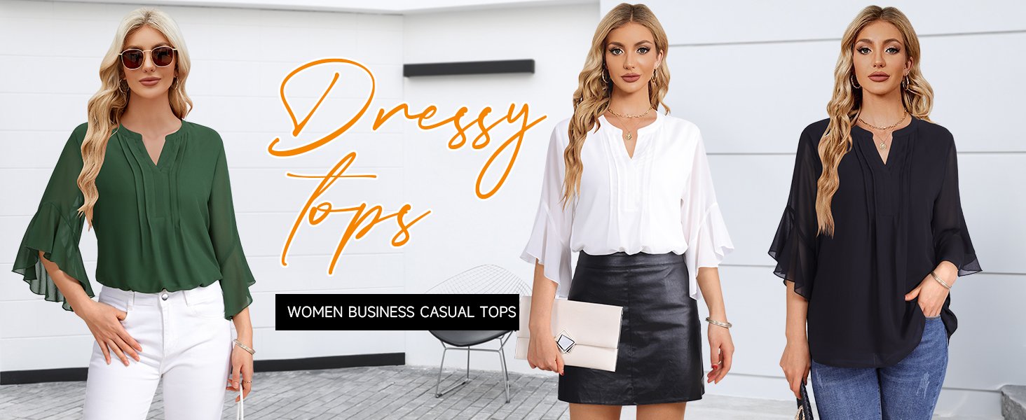 Timeson Women's 3/4 Sleeve Tops Dressy Casual Business Work Blouses Chiffon Office Shirts
